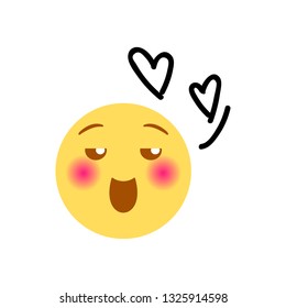 Vector illustration, yellow emoji of falling in love. With hand drawn black marker doodle detail such as heart scribing sign. High quality, isolated. Ideal for liking and other positive concepts.