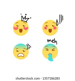 Vector illustration, yellow emoji set with hand drawn black marker doodle details as tears and sweat, heart, crown, "no, dude", "nope", "exciting", "meh" scribing lettering. High quality, isolated.