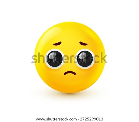 Vector illustration of yellow emoji with tear in eyes. Unhappy emotion smile face. 3d style design of sad emoticon. Unhappy and tearful mood. Funny smile character icon for social media, sticker