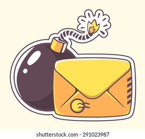 Vector illustration of yellow envelope with bomb on color background. Hand draw line art design for web, site, advertising, banner, poster, board and print.  
