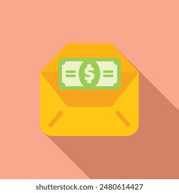 Vector illustration of a yellow envelope with a dollar bill, casting a subtle shadow on a soft pink background