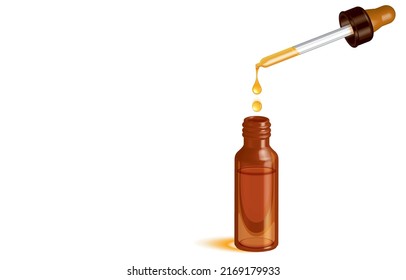 Vector illustration of yellow essential oil drps into a brown glass bottle from a pipette,cosmetic oil,hemp oil,cbd oil,herb or medicine on white,Benefits of medical marijuana for medicinal purposes.