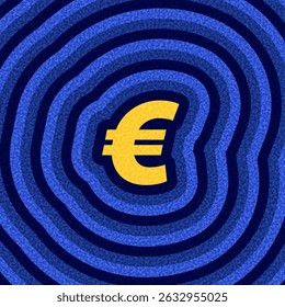 Vector illustration of a yellow euro sign centered in bold blue concentric wave patterns with a textured, graphic look.