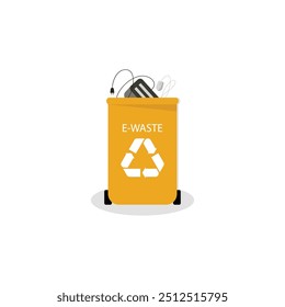 Ilustração vetorial de uma lixeira amarela de resíduos eletrônicos com um símbolo branco de reciclagem e o rótulo "E-WASTE". O compartimento contém itens eletrônicos descartados