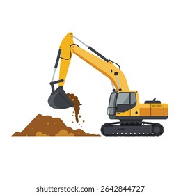 Vector illustration of a yellow excavator digging soil and dumping it onto a pile.