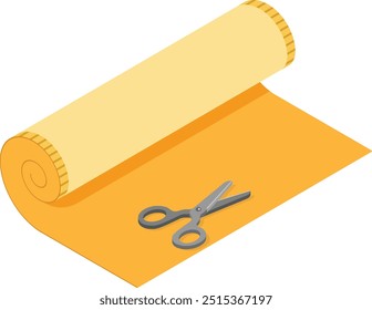 Una Ilustración vectorial de un rollo de tela amarillo con tijeras, perfecto para la elaboración, costura y proyectos de bricolaje.