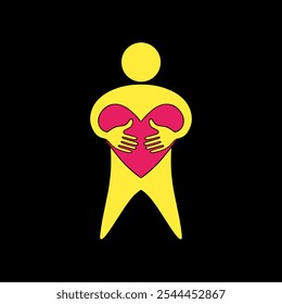 Vector Illustration of a yellow figure icon holding a red heart with both hands, symbolizing love, care, and empathy. This design conveys warmth and connection.