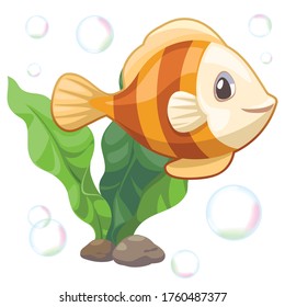 Vector illustration of yellow fish, Algae and bubbles isolated on white background, This Design can be used to decorate publications, card, flyers, banners, animation, Infographic, and more.