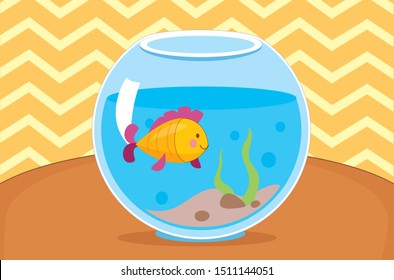 Vector illustration of yellow fish in the aquarium. Indoor interior 