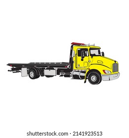 Vector illustration of a yellow flat bed towing truck