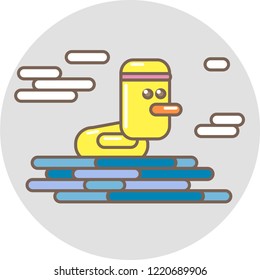 Vector Illustration of yellow flat cute duck on a water, icon, logo