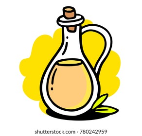 Vector illustration of yellow flavored sunflower olive in glass jar with stopper and green leaves. Creative natural product on white background. Line art flat style design for web, site, banner, menu