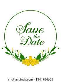Vector illustration yellow floral frame isolated on white background with writing save the date hand drawn