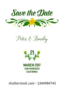 Vector illustration yellow floral frame isolated on white background with writing save the date hand drawn