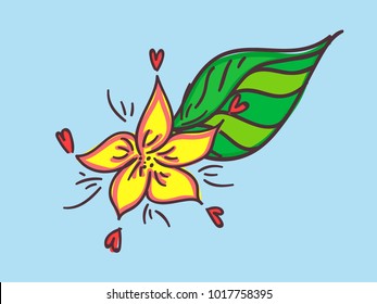 Vector illustration. Yellow flower wiht red hearts and green leaf. St Valentine's Day.