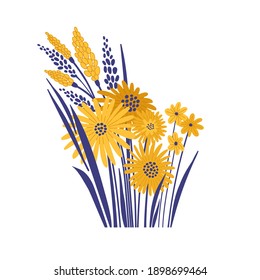 Vector illustration of yellow flowers with dark blue branches. The flowers is calendula. Hand drawn illustration in cartoon style. For web, greeting card, stickers and another print design.