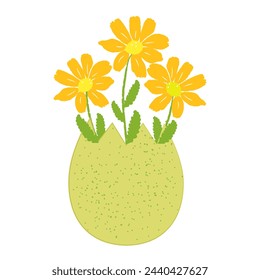 Ilustración vectorial de flores amarillas que crecen de cáscara de huevo .Concepto de Pascua y primavera . Para postales, invitaciones, volantes .Ruido de textura