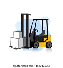 Vector illustration of a yellow forklift in detail and semi-realistic. The perspective look. With a white background, isolated.