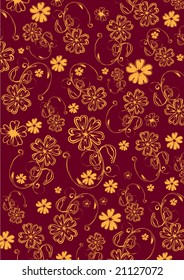 Vector illustration of  yellow  funky flowers abstract pattern on red background