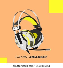 Vector illustration, yellow gaming headset with text isolated on orange peach background, semi realistic flat cartoon style. Suitable for creative design materials.
