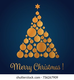 Vector illustration of yellow gold colored Christmas tree made with decorative balls. Christmas card.