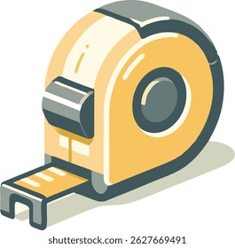 Vector illustration of a yellow and gray tape measure. Clean, minimalist design. Tool for measurement, construction, and DIY projects. Isometric view. Simple, modern, and professional.