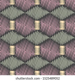 Vector illustration of yellow, green, pink and lilac rhombuses, hexagons and rectangles in geometric layout. Scribble texture, textile rapport. Seamless repeat pattern for gift wrap, textile, fabric, 