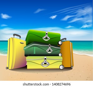 
Vector illustration of yellow and green suitcases on a background of the sea. A pile of suitcases by the sea. Summer rest.