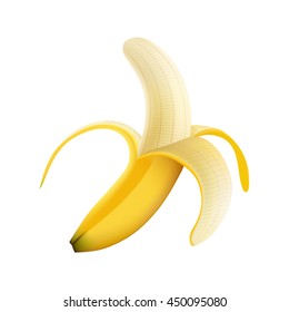 Vector illustration of a yellow half peeled banana, transparent Vector