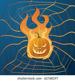 Vector illustration with yellow halloween pumpkin on fire and web