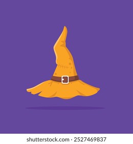 Vector illustration of a yellow Halloween witch hat with a leather belt isolated. Witch hat design element for Halloween.