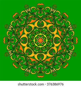 Vector Illustration. Yellow Hand Drawn Mandala on Green Background, Oriental Decorative Element, Vintage Style.
