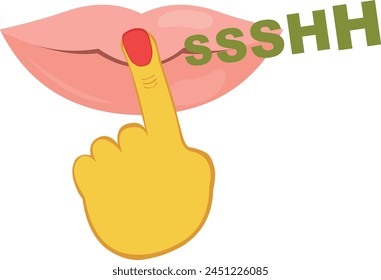 vector illustration yellow hand finger in mouth, with the text SSSHHH, in concept of asking for silence