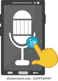 ilustração vetorial mão amarela pressione enviar áudio som botão celular conceito ícone