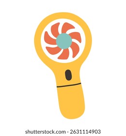Vector illustration of a yellow handheld fan with red blades and a blue center. It looks fun and refreshing, great for summer themed graphics.