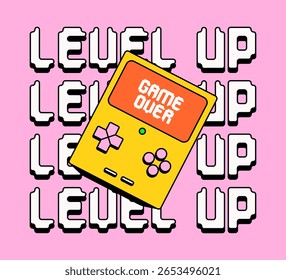 Ilustração vetorial de um console de jogo de mão amarelo com "game over" na tela, sobreposto à repetição de texto de "nível acima" em negrito estilo 3D para jogos, motivação ou cultura pop