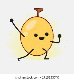 Vector Illustration of Yellow Honeydew Melon Character with cute face, simple hands and leg line art on Isolated Background. Flat cartoon doodle style.