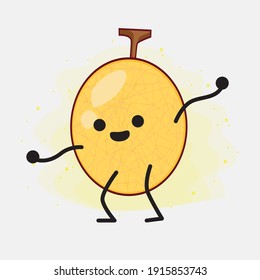 Vector Illustration of Yellow Honeydew Melon Character with cute face, simple hands and leg line art on Isolated Background. Flat cartoon doodle style.