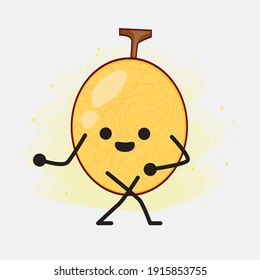 Vektorgrafik des Gelben Honeydew Melon Charakters mit süßem Gesicht, einfachen Händen und Beinlinien Kunst auf isoliertem Hintergrund. Flacher Cartoon-Doodle-Stil.