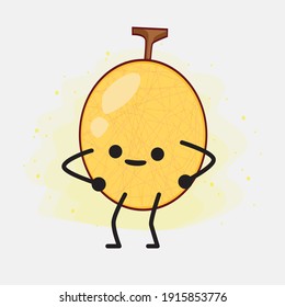 Vector Illustration of Yellow Honeydew Melon Character with cute face, simple hands and leg line art on Isolated Background. Flat cartoon doodle style.