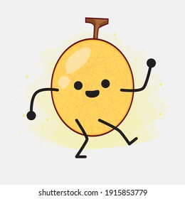 Vector Illustration of Yellow Honeydew Melon Character with cute face, simple hands and leg line art on Isolated Background. Flat cartoon doodle style.