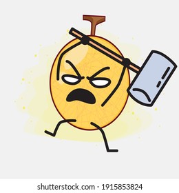 Vector Illustration of Yellow Honeydew Melon Character with cute face, simple hands and leg line art on Isolated Background. Flat cartoon doodle style.