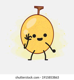 Vector Illustration of Yellow Honeydew Melon Character with cute face, simple hands and leg line art on Isolated Background. Flat cartoon doodle style.