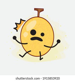 Vector Illustration of Yellow Honeydew Melon Character with cute face, simple hands and leg line art on Isolated Background. Flat cartoon doodle style.