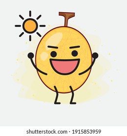 Vektorgrafik des Gelben Honeydew Melon Charakters mit süßem Gesicht, einfachen Händen und Beinlinien Kunst auf isoliertem Hintergrund. Flacher Cartoon-Doodle-Stil.