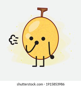 Vector Illustration of Yellow Honeydew Melon Character with cute face, simple hands and leg line art on Isolated Background. Flat cartoon doodle style.