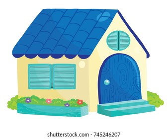 Vector illustration of yellow house with blue shingled roof and planter box