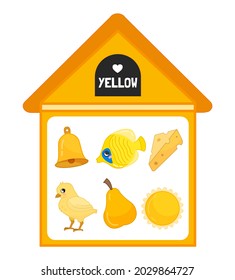 Vector illustration of a yellow house . Learning colors for children. Image of yellow objects - bell, fish, cheese, chicken, pear, sun.

