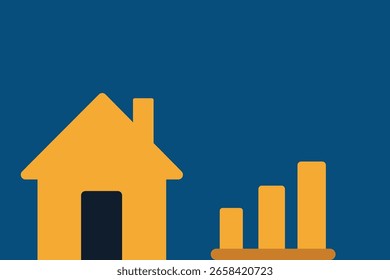 Vector illustration of a yellow house next to a rising bar chart symbolizing real estate growth, property investment or financial statistics.
