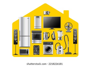 Vector illustration of yellow house shape with realistic silver color different appliance on white background. 3d style shine home appliance collection design for web, site, banner, print, poster